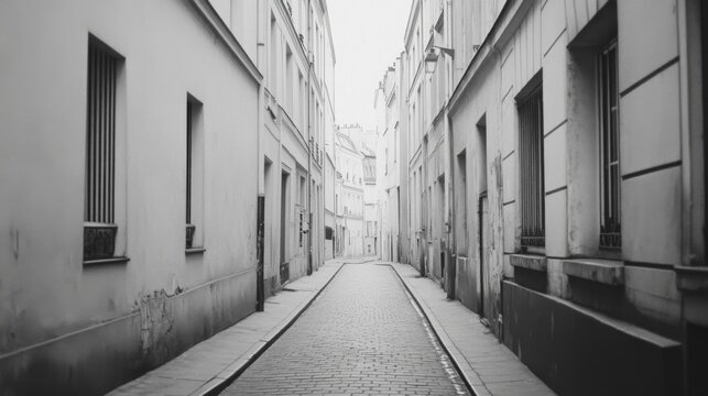 Parisian alleyway, cobblestone street, quiet morning, buildings