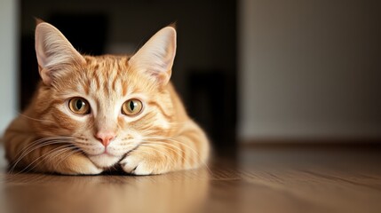 Orange tabby cat resting indoors, hardwood floor background, pet portrait