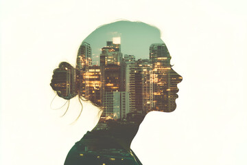 A double exposure digital artwork of a woman’s silhouette blended