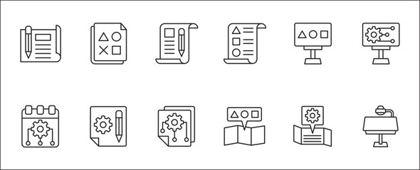 Business plan strategy icon set. Icon set contains symbol of event, finance, calculation, agenda, solution, list, goal, paper work, setting, management. Vector thin line icons.