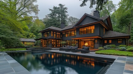 Obraz premium Modern home exterior with pool at twilight, lush greenery