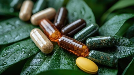 Assorted capsules on green leaves.