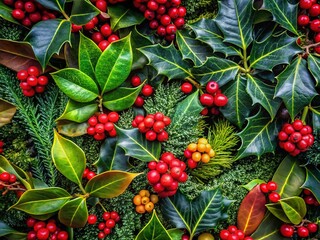 Obraz premium Aerial Drone Shot: Christmas Botanical Leaves & Berries Pattern Texture - Festive Holiday Design