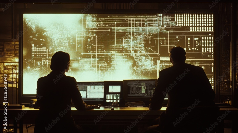 Poster two programmers working late at night in an office, analyzing complex data and intricate code on a l