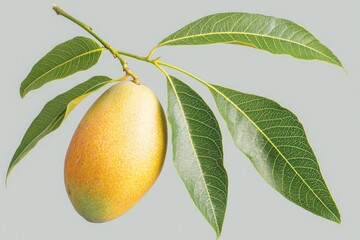 A ripe mango hangs gracefully from its branch, surrounded by lush green leaves. The warm orange hue of the mango reflects its organic quality, inviting a taste of summer's sweetness