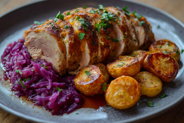 Delicious Beef Roast with Potatoes and Red Cabbage on a Plate