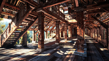 Intricate wooden interior of a traditional building with detailed carvings and sunlight filtering through
