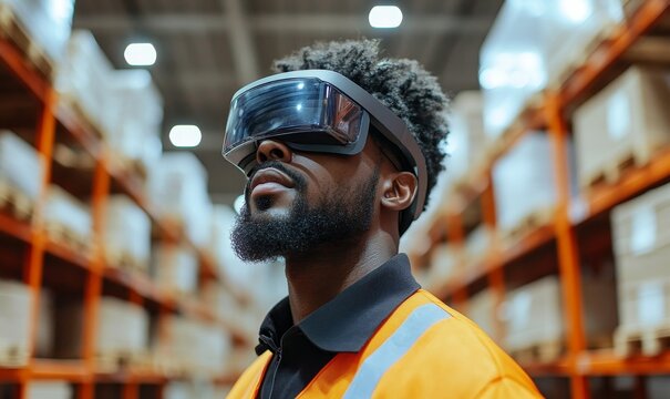 Augmented Reality Picking warehouse workers wearing AR glasses or headsets, which provide real-time picking instructions and navigation cues for faster and more accurate order