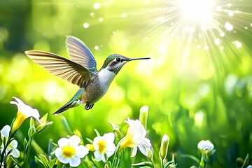Fototapeta premium Hummingbird in Flight Spring Flowers Sunshine Nature Photo