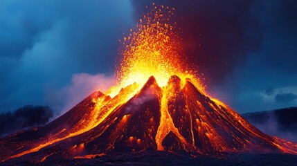 Erupting Volcano at Night with Lava Flow