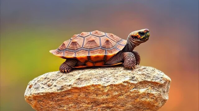 A turtle perched on a rock with a blurred natural background, showcasing its shell and intricate patterns.