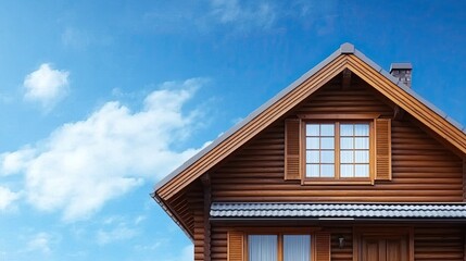 Obraz premium Wooden framework of a house in the construction phase set against a vibrant blue sky, providing ideal space for banners or captions