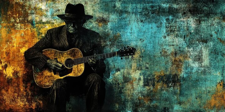 Man in a hat sits playing his acoustic guitar