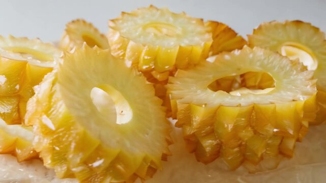 Gentle pan left video of soft natural light dried pineapple rings, showcasing golden color and chewy texture on a light surface