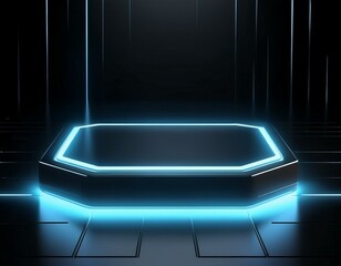 3D Rendering of modern futuristic empty rectangle podium pedestal with blue neon led light, reflection on floor and dark sci fi background. For technology product display.