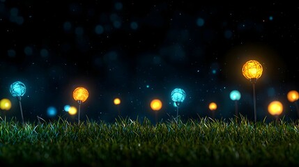 Naklejka premium Glowing Orange And Blue Flowers In Dark Night Grass