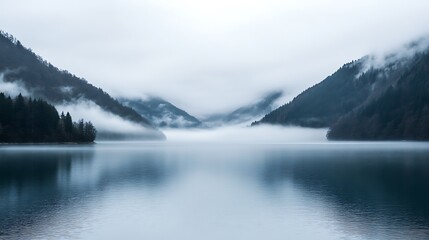Obraz premium Misty Mountain Lake Enveloped in Serene Fog