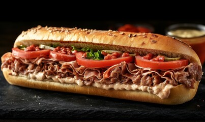 Submarine sandwiches Long subway sandwiches on a dark background