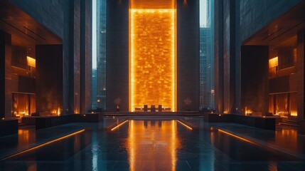 Modern hotel lobby, glowing orange wall, reflecting pool, city view