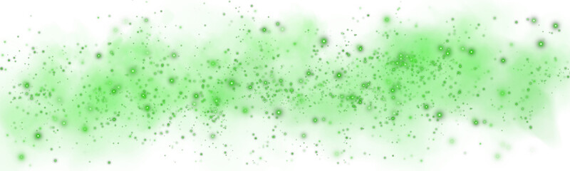 Fantastic green smoke background. Magic green smoke with glitter and small particles of twinkling stars. Fog with luminous particles. Green vapor with stardust. Morning fog over land or water. PNG.
