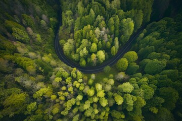 Aerial view of a winding road through lush green forest with varying shades of foliage.
