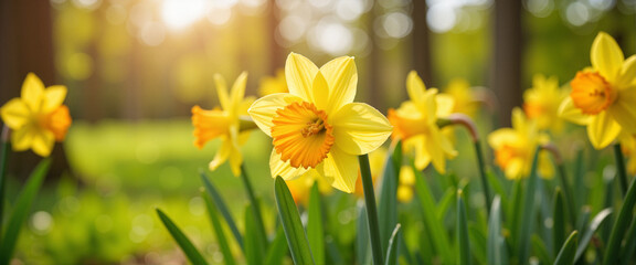 Fototapeta premium Single daffodil blooming in lush garden at dawn, beauty of nature