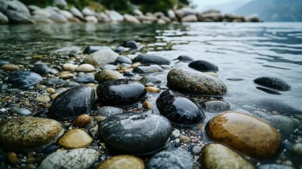 Obraz premium Closeup of wet pebbles by the shore tranquil lake nature photography serene environment eye-level perspective