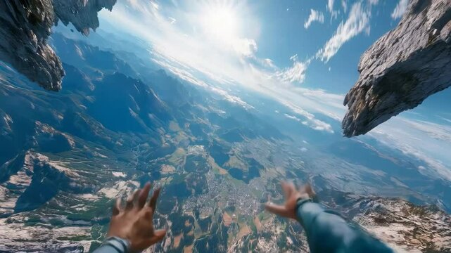 First person view of a skydiver falling towards the earth with hands outstretched, experiencing the thrill of freefall above a sprawling landscape