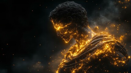 Glowing golden starlight envelops ancient marble statue in mysterious atmosphere