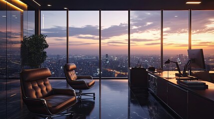 A luxurious meeting setup in a high-rise penthouse with leather chairs, sleek devices, and a cityscape view.