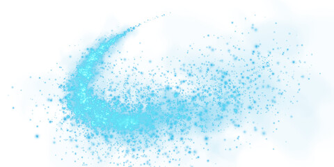 Fantastic blue smoke background. Magic blue smoke with glitter and small particles of twinkling stars. Fog with luminous particles. Blue vapor with stardust. Morning fog over land or water. PNG.