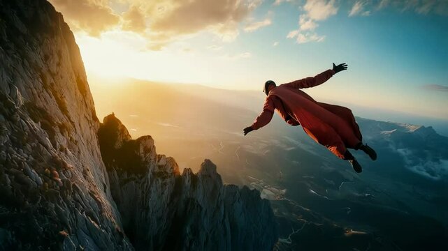 Wingsuit pilot soaring over mountain valley during golden sunset, wearing vibrant red wingsuit and experiencing breathtaking aerial perspective through dramatic landscape