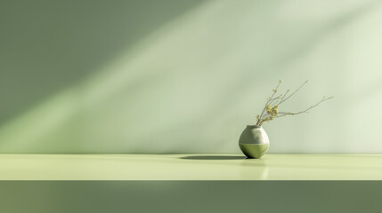 Green vase with a small plant on a green surface against a green wall with a strong shadow