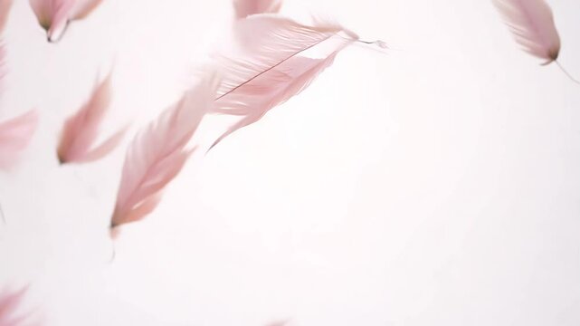 Subtle orbit video around delicate, blush pink feathers gently falling, pastel ambient lighting, evoking a tender and ethereal atmosphere