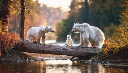 dos osos macho y hembra sobre un tronco grande tumbado en el suelo, mirando el bosque, con un rio