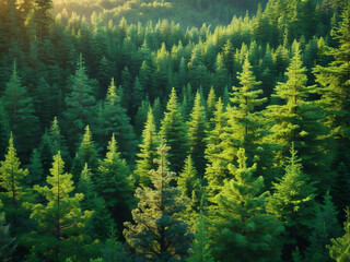 Fototapeta premium A hyperrealistic ultra-high-resolution digital artwork depicting a lush green forest bathed in soft sunlight.