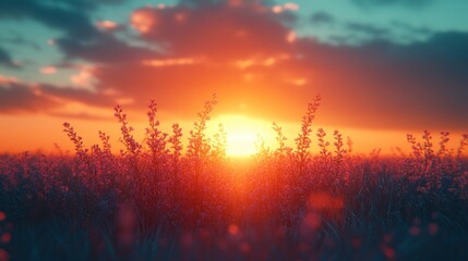 Sunset wildflowers field landscape, vibrant sky