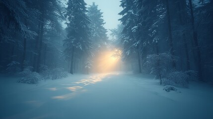 A snow covered forest at dawn with the soft glow of the morning light illuminating the white trees and a light snowfall creating a peaceful winter.