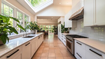 Open kitchen with a large skylight, vibrant spring flowers, and a natureinspired backsplash