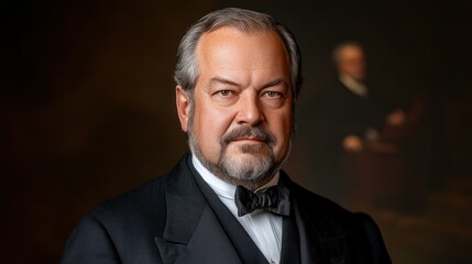 Man portrait, serious expression, formal wear, art background, historical drama