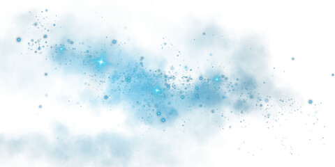 Fantastic blue smoke background. Magic blue smoke with glitter and small particles of twinkling stars. Fog with luminous particles. Blue vapor with stardust. Morning fog over land or water. PNG.