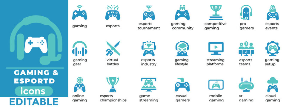 Gaming and Esports vector icon set perfect for tournaments, streaming, pro gamers, and game branding. Fully editable.eps