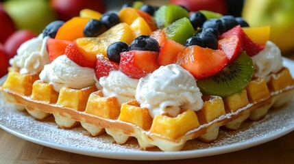 Fruit-topped waffles, ice cream, kitchen table, summer breakfast