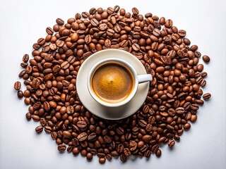 Fototapeta premium Aerial View Coffee Beans & Cup - White Background Drone Photography Stock Photo