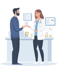 Pharmacist explaining a prescription to a patient in a clean, bright space