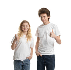Young woman and man wearing blank t-shirts on white background. Mockup for design