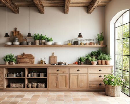 Mediterraneanstyle kitchen with terracotta tiles, blooming flowers, and rustic wooden cabinets