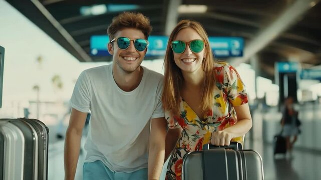 Young happy tourists couple wearing colorful summer dress and sunglasses smiling at camera while pulling suitcases inside airport terminal building