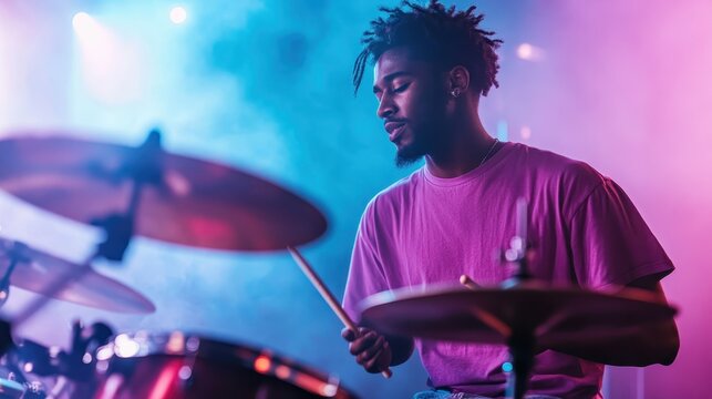 This dynamic image captures a skilled drummer performing passionately on stage, illuminated by colorful stage lights, showcasing the excitement and energy of live music.