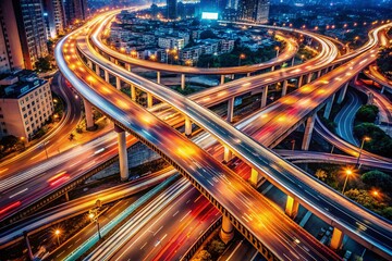 Naklejka premium Aerial View Double Exposure: City Traffic Jam & Road Junction